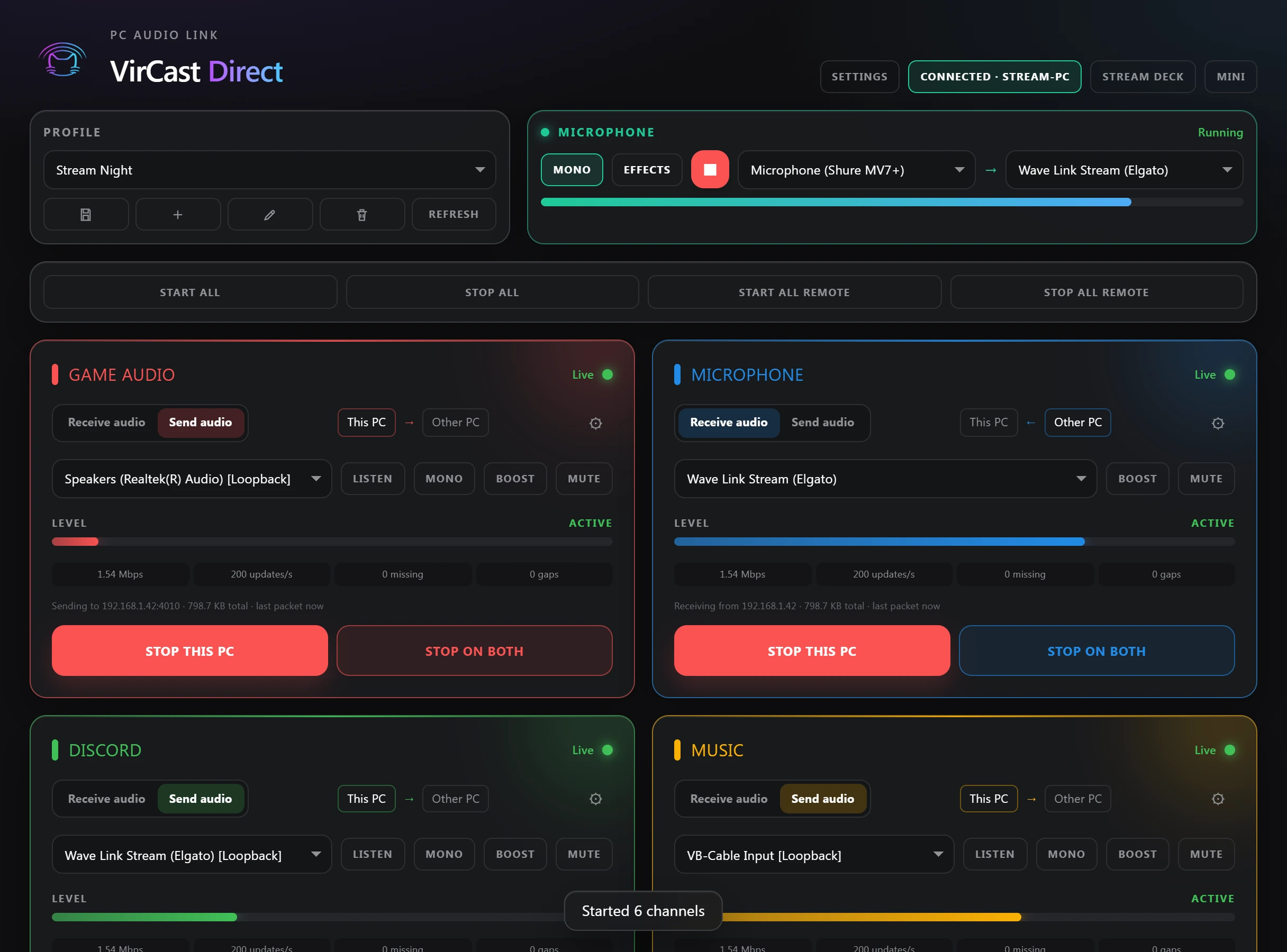 VirCast Direct with six lanes live and connected to STREAM-PC