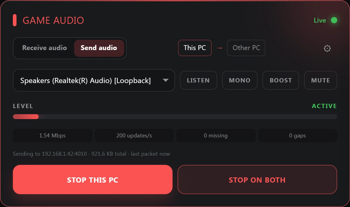 A live Game Audio lane sending to the other PC, with Stop this PC and Stop on both buttons