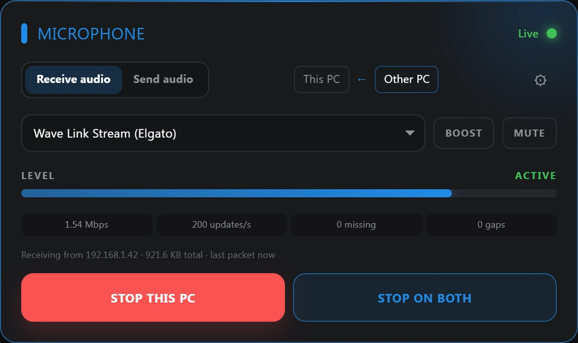 A Microphone lane receiving audio from the other PC into Wave Link Stream