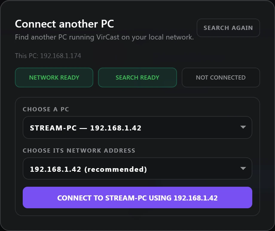 The Connect another PC panel, showing STREAM-PC found at 192.168.1.42